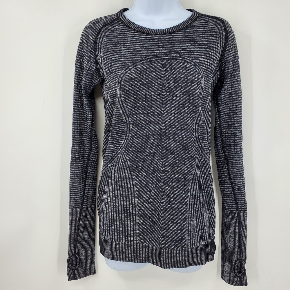 Lululemon Swiftly Tech‎ Long Sleeve Crew Black White Space Dye Thumbhole Shirt 8